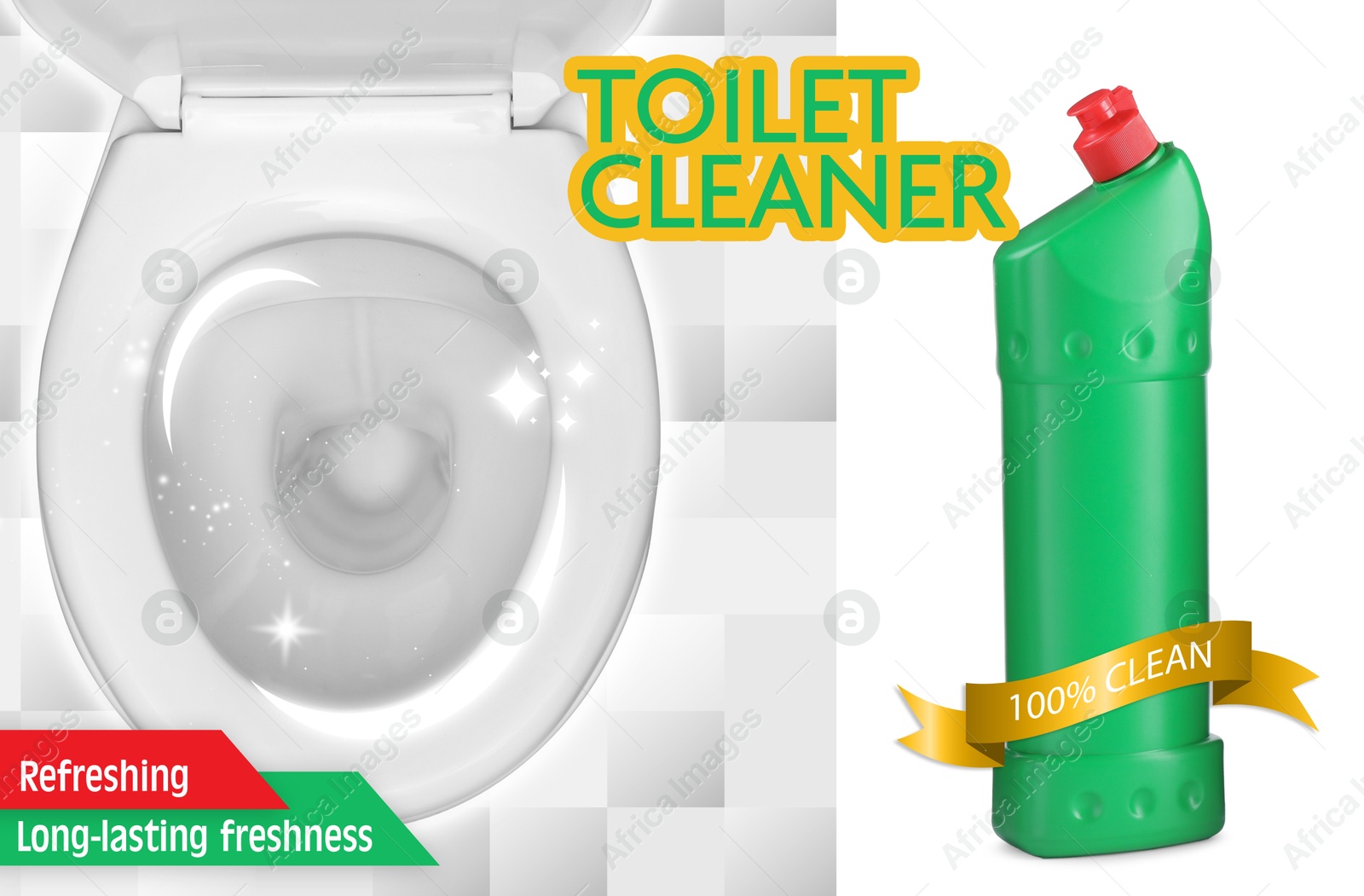 Toilet cleaner promotion poster. Bottle of product and shiny toilet against tiled background Image of Toilet cleaner promotion poster. Bottle of product and shiny toilet against tiled background