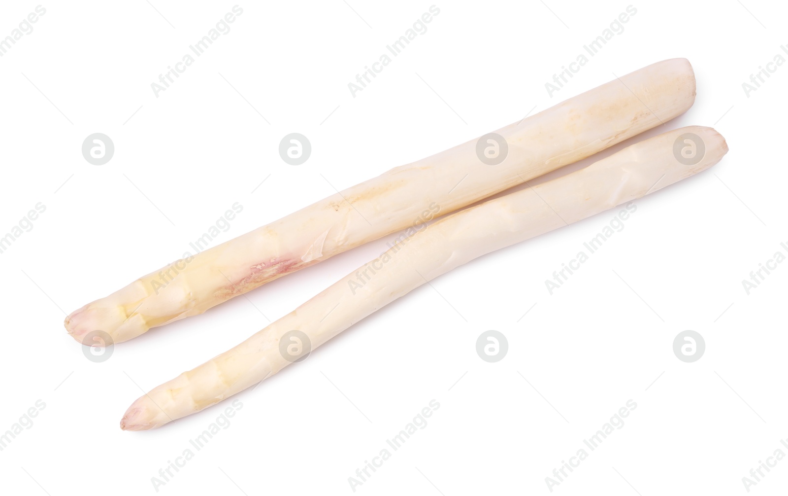 Two raw asparagus spears isolated on white, top view Photo of Two raw asparagus spears isolated on white, top view