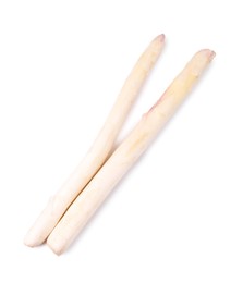 Photo of Two raw asparagus spears isolated on white, top view