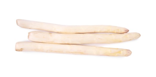 Photo of Three raw asparagus spears isolated on white, top view