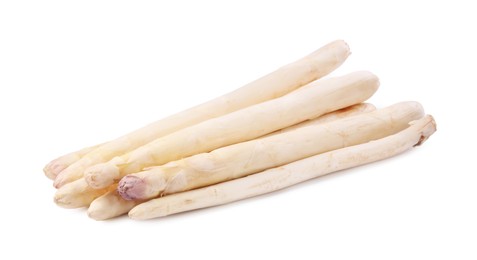Photo of Many raw asparagus spears isolated on white