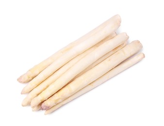 Photo of Many raw asparagus spears isolated on white, top view