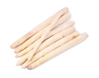 Photo of Many raw asparagus spears isolated on white, top view