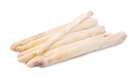 Photo of Many raw asparagus spears isolated on white