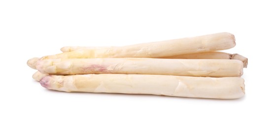 Photo of Many raw asparagus spears isolated on white
