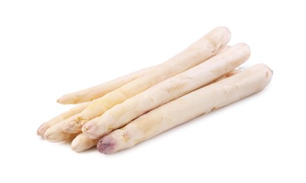 Photo of Many raw asparagus spears isolated on white