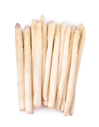 Photo of Many raw asparagus spears isolated on white, top view