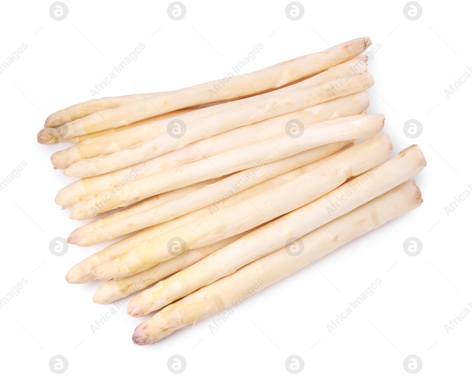 Many raw asparagus spears isolated on white, top view Photo of Many raw asparagus spears isolated on white, top view