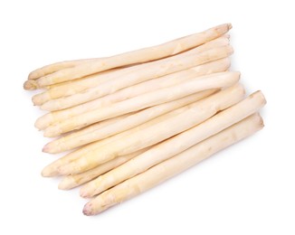 Photo of Many raw asparagus spears isolated on white, top view