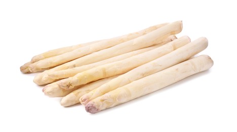 Photo of Many raw asparagus spears isolated on white