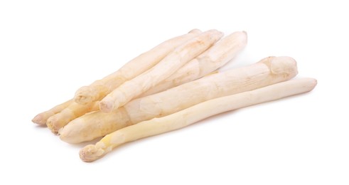 Photo of Many raw asparagus spears isolated on white