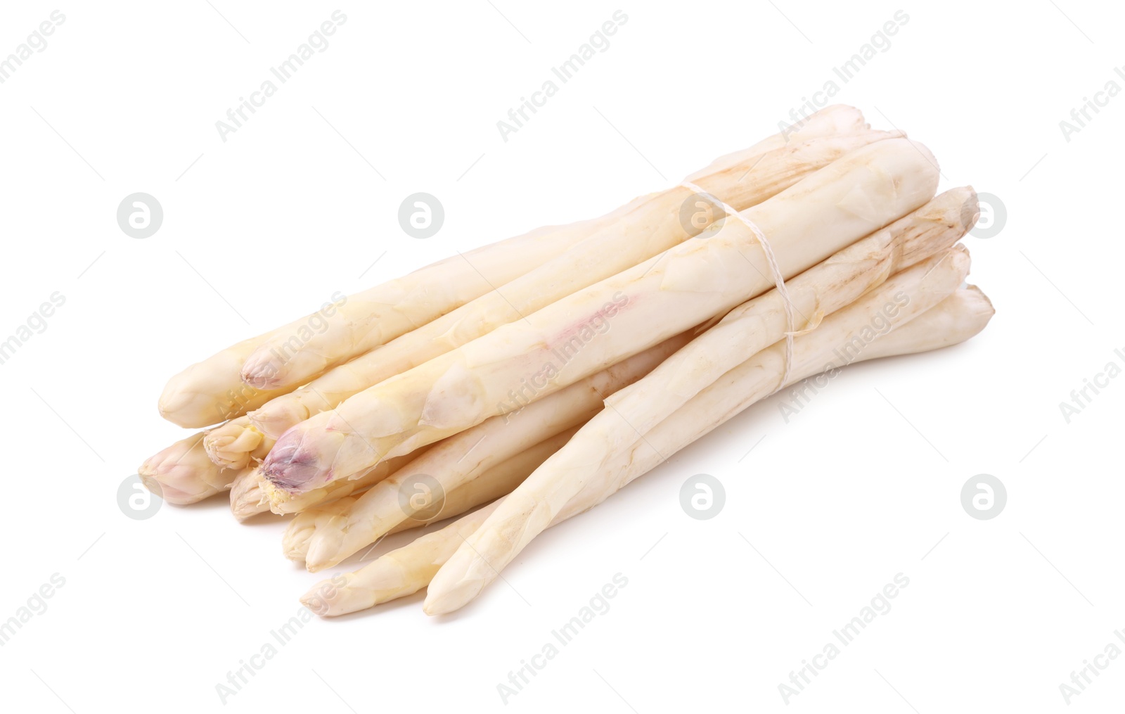 Bunch of raw asparagus spears isolated on white Photo of Bunch of raw asparagus spears isolated on white