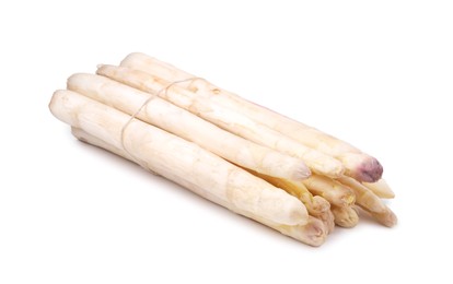 Photo of Bunch of raw asparagus spears isolated on white