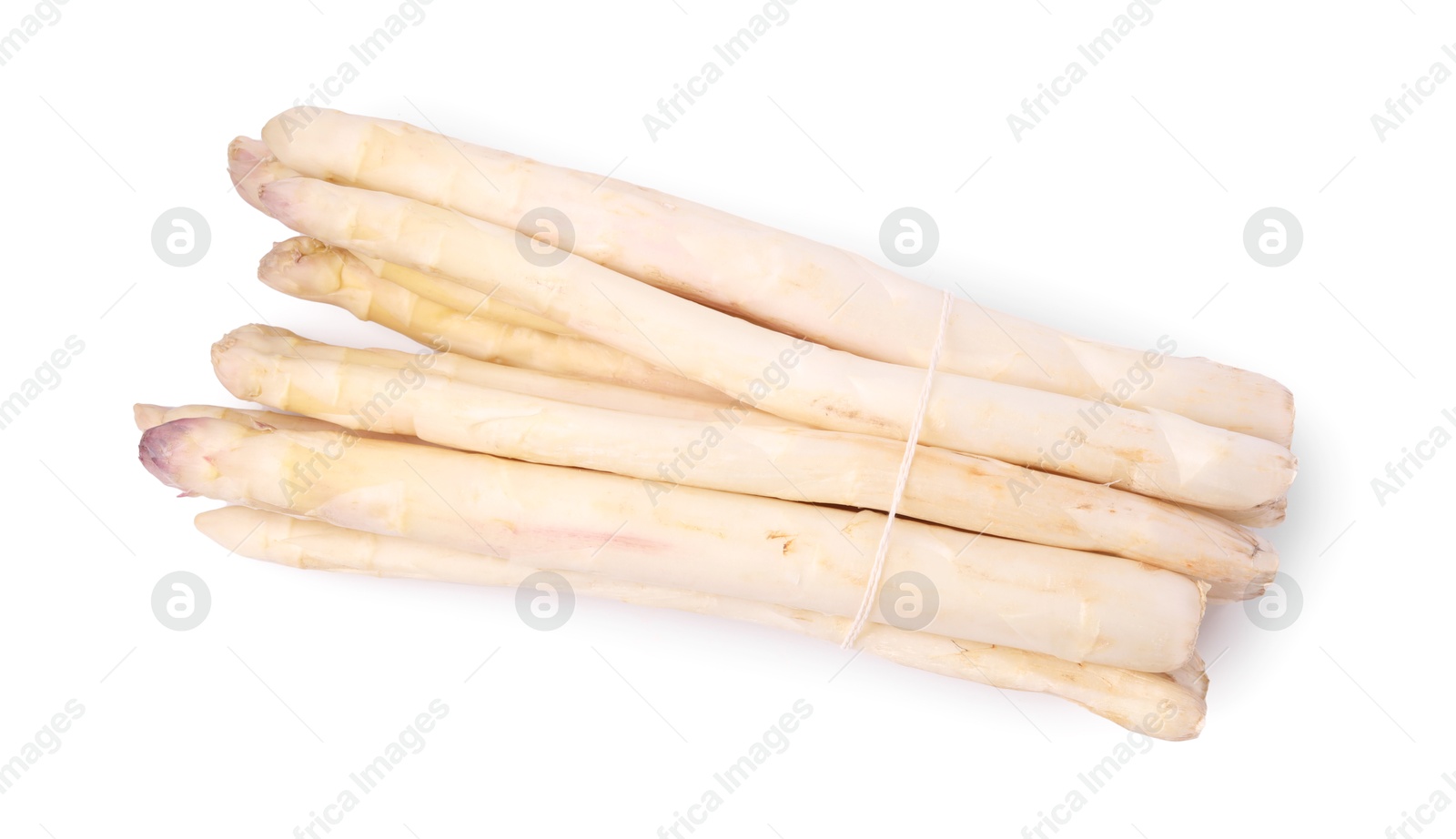 Bunch of raw asparagus spears isolated on white, top view Photo of Bunch of raw asparagus spears isolated on white, top view