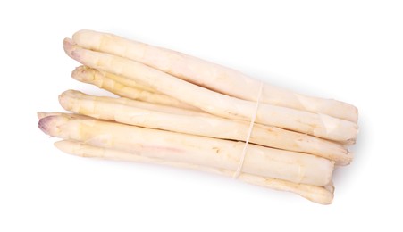 Photo of Bunch of raw asparagus spears isolated on white, top view