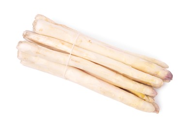 Photo of Bunch of raw asparagus spears isolated on white, top view