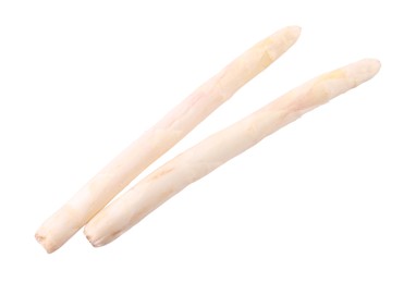 Photo of Two raw asparagus spears isolated on white, top view