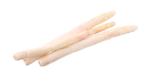 Photo of Three raw asparagus spears isolated on white, top view
