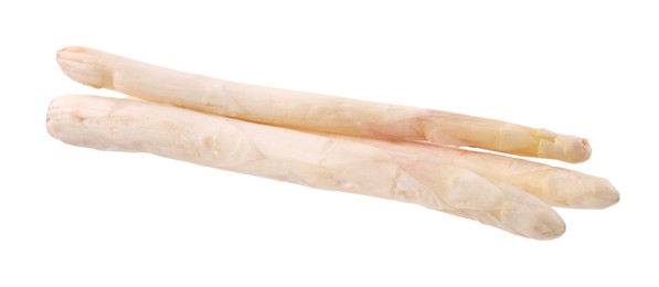 Photo of Three raw asparagus spears isolated on white, top view