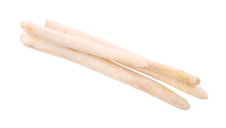 Photo of Three raw asparagus spears isolated on white, top view