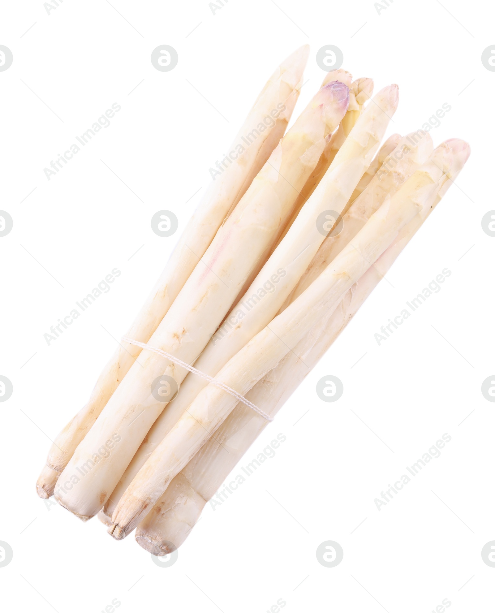 Bunch of raw asparagus spears isolated on white, top view Photo of Bunch of raw asparagus spears isolated on white, top view