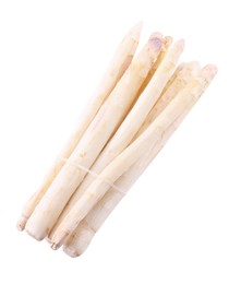 Photo of Bunch of raw asparagus spears isolated on white, top view
