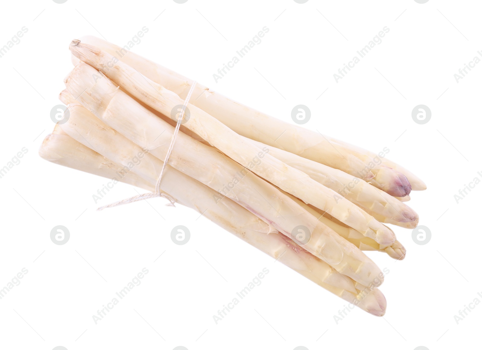 Bunch of raw asparagus spears isolated on white, top view Photo of Bunch of raw asparagus spears isolated on white, top view
