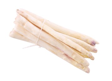 Photo of Bunch of raw asparagus spears isolated on white, top view