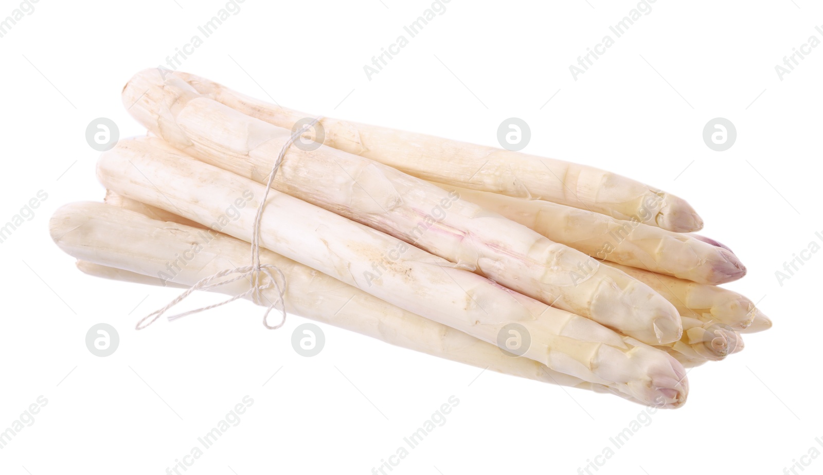 Bunch of raw asparagus spears isolated on white Photo of Bunch of raw asparagus spears isolated on white