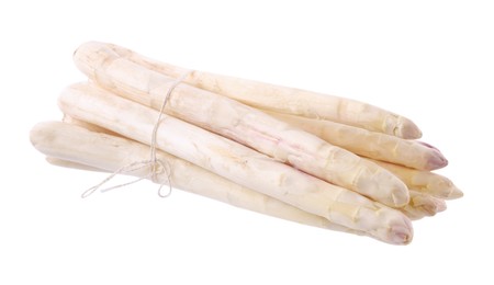 Photo of Bunch of raw asparagus spears isolated on white