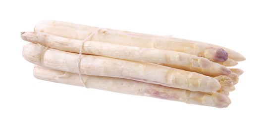 Photo of Bunch of raw asparagus spears isolated on white