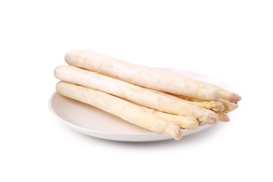 Photo of Many raw asparagus spears isolated on white