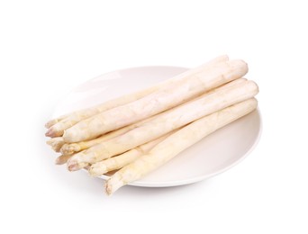 Photo of Many raw asparagus spears isolated on white