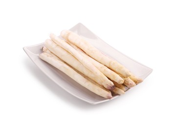 Photo of Many raw asparagus spears isolated on white