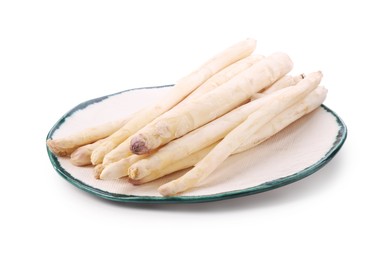 Photo of Many raw asparagus spears isolated on white