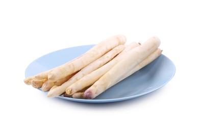 Photo of Many raw asparagus spears isolated on white