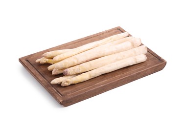 Photo of Many raw asparagus spears isolated on white