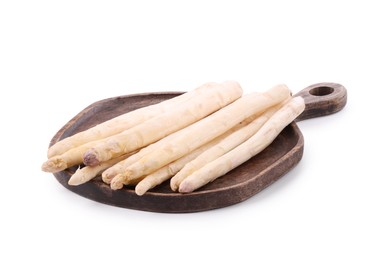 Photo of Many raw asparagus spears isolated on white
