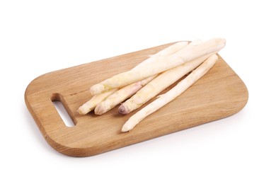 Photo of Many raw asparagus spears isolated on white