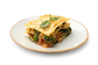 Photo of Piece of tasty vegetarian lasagna isolated on white