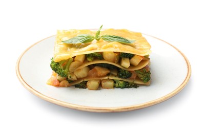Photo of Piece of tasty vegetarian lasagna isolated on white