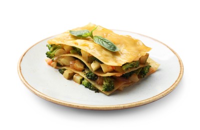 Photo of Piece of tasty vegetarian lasagna isolated on white