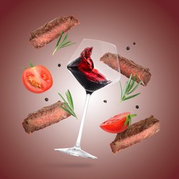 Image of Red wine in glass, grilled beef meat, tomatoes and spices falling on brown gradient background