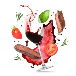 Image of Red wine, grilled beef meat, tomatoes and spices falling on white background