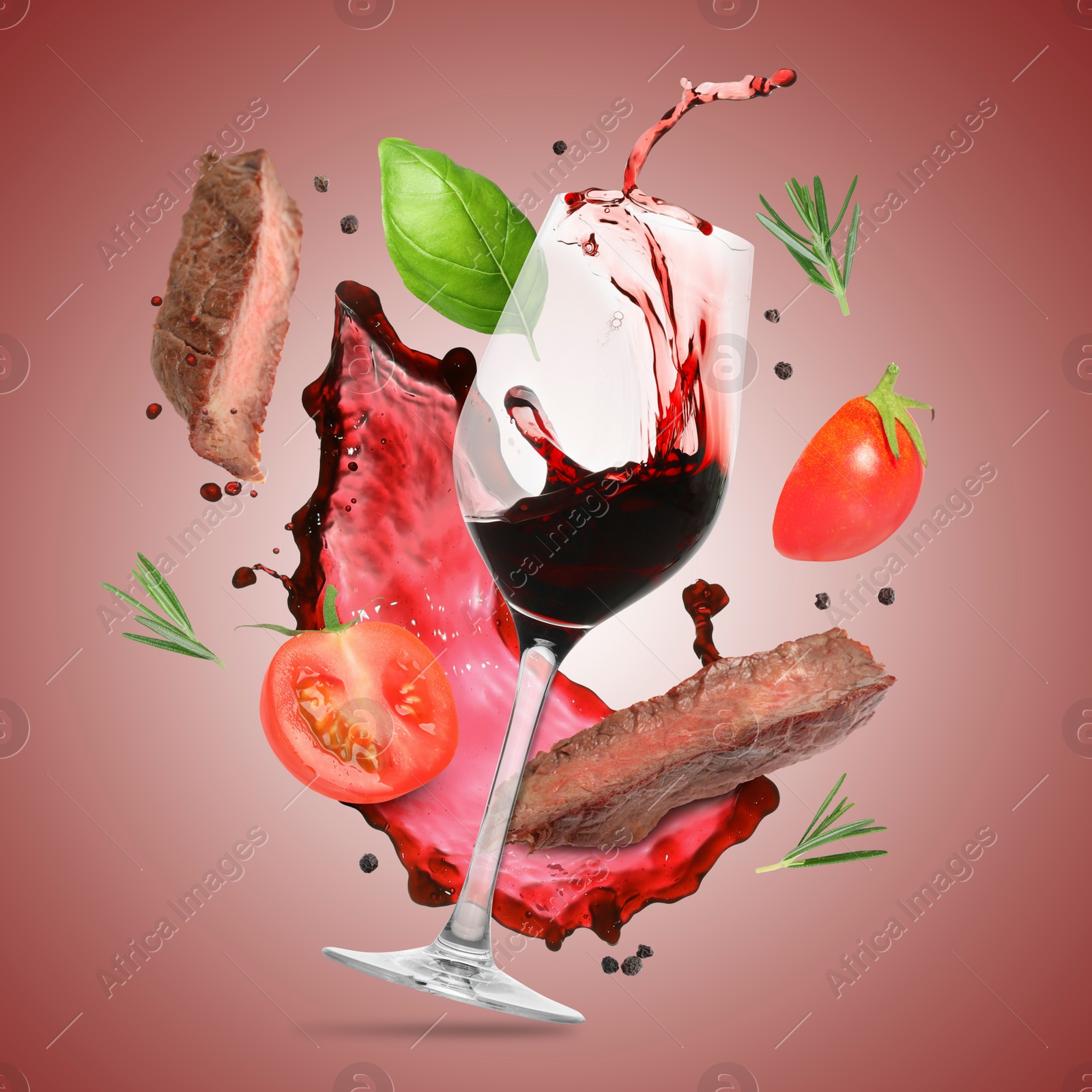 Image of Red wine, grilled beef meat, tomatoes and spices falling on maroon gradient background