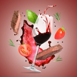 Image of Red wine, grilled beef meat, tomatoes and spices falling on maroon gradient background