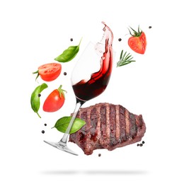 Image of Red wine in glass, grilled beef steak, tomatoes and spices falling on white background