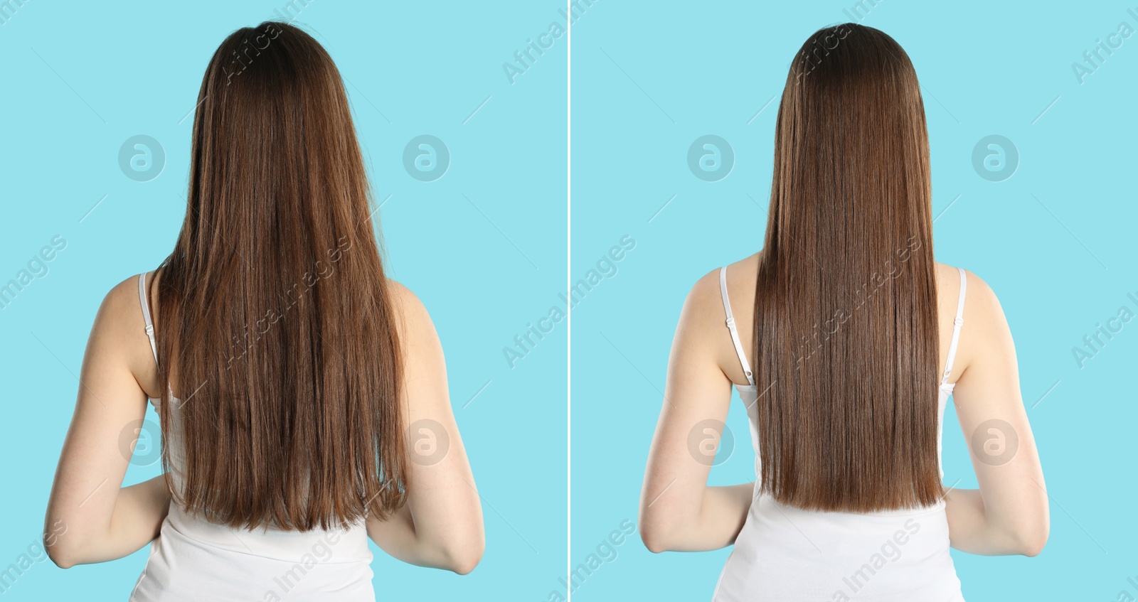 Hair combing, straightening. Woman showing hairstyle before and after different procedures on light blue background, back view. Collage of photos Image of Hair combing, straightening. Woman showing hairstyle before and after different procedures on light blue background, back view. Collage of photos