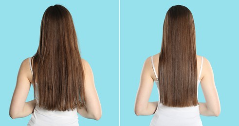 Image of Hair combing, straightening. Woman showing hairstyle before and after different procedures on light blue background, back view. Collage of photos