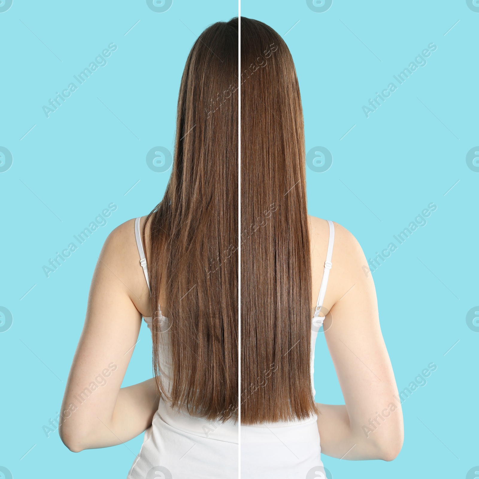 Hair combing, straightening. Woman showing hairstyle before and after different procedures on light blue background, back view. Photo divided in halves Image of Hair combing, straightening. Woman showing hairstyle before and after different procedures on light blue background, back view. Photo divided in halves